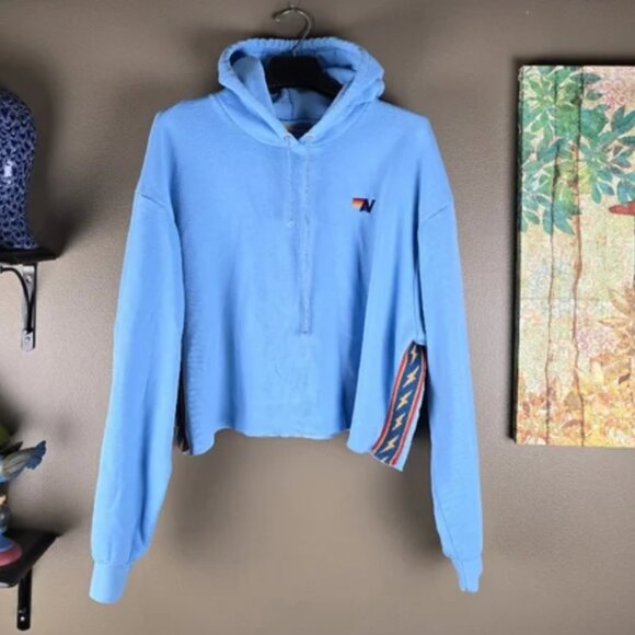 Aviator Nation Lightning Bolt Stripe Relaxed Cropped Pullover Hoodie in Sky Blue - Picture 3 of 12